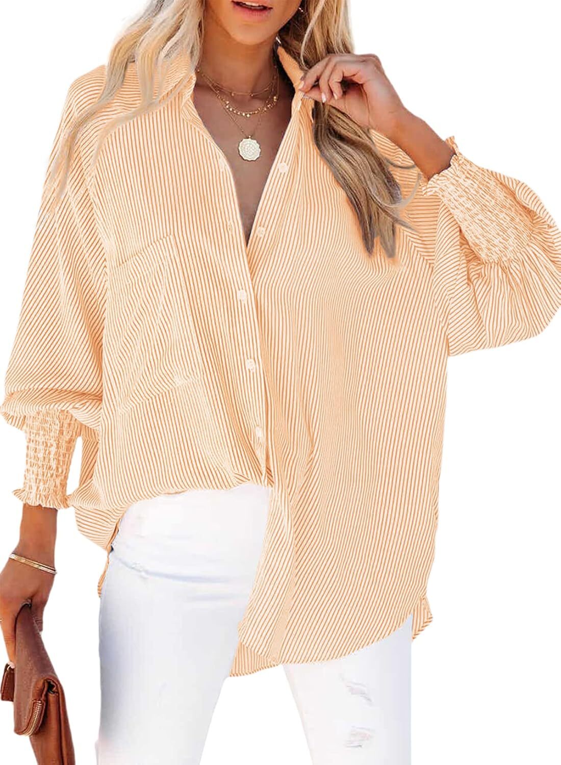 Women's Smocked Cuffed Striped Boyfriend Shirt with Pocket Casual Collar Long Sleeve Blouse Tops for Pocket Shirred.Clearance Items 2024