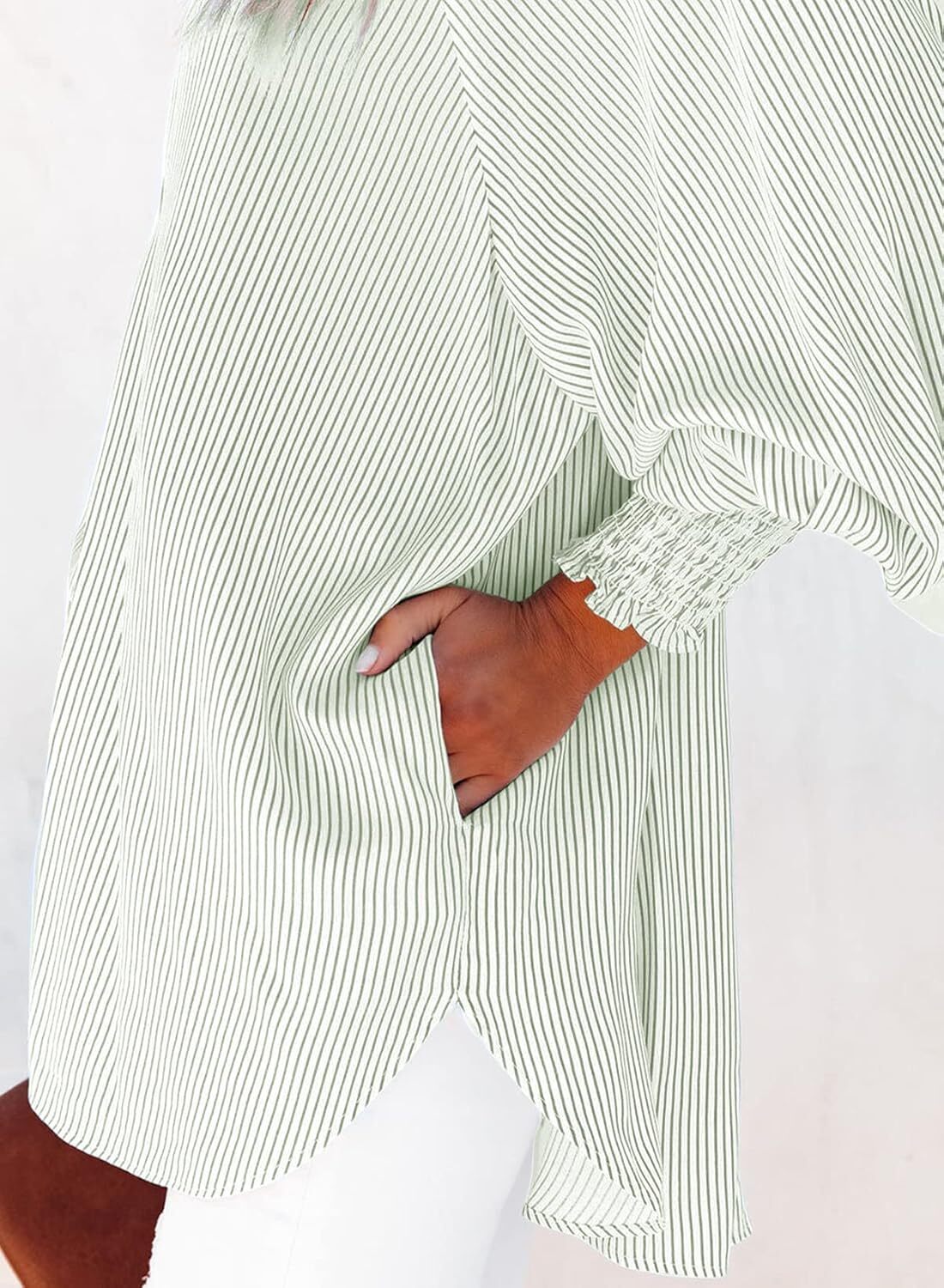 Women's Smocked Cuffed Striped Boyfriend Shirt with Pocket Casual Collar Long Sleeve Blouse Tops for Pocket Shirred.Clearance Items 2024