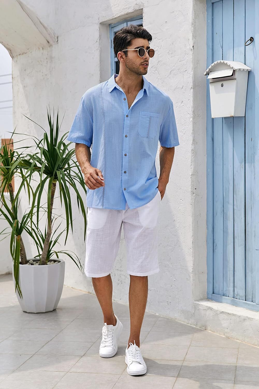 Mens Beach Linen Shirts Short Sleeve Cuban Button Down Casual Summer T Shirt Guayabera Hawaiian Tee Loose Fit Tops(💖Buy two, free shipping)