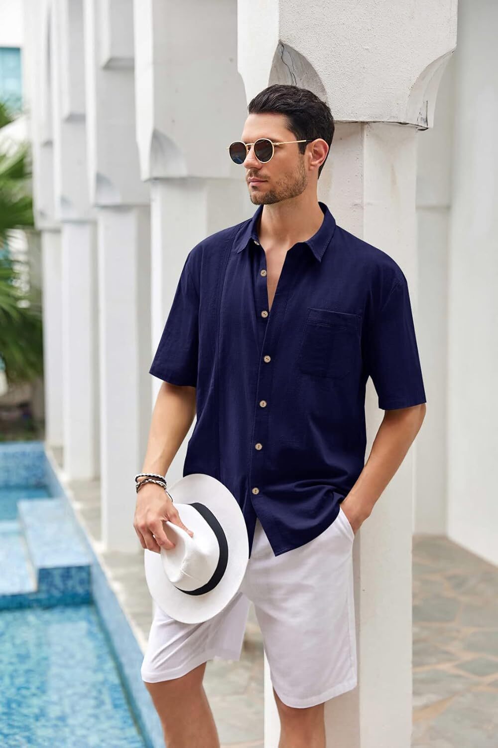 Mens Beach Linen Shirts Short Sleeve Cuban Button Down Casual Summer T Shirt Guayabera Hawaiian Tee Loose Fit Tops(💖Buy two, free shipping)