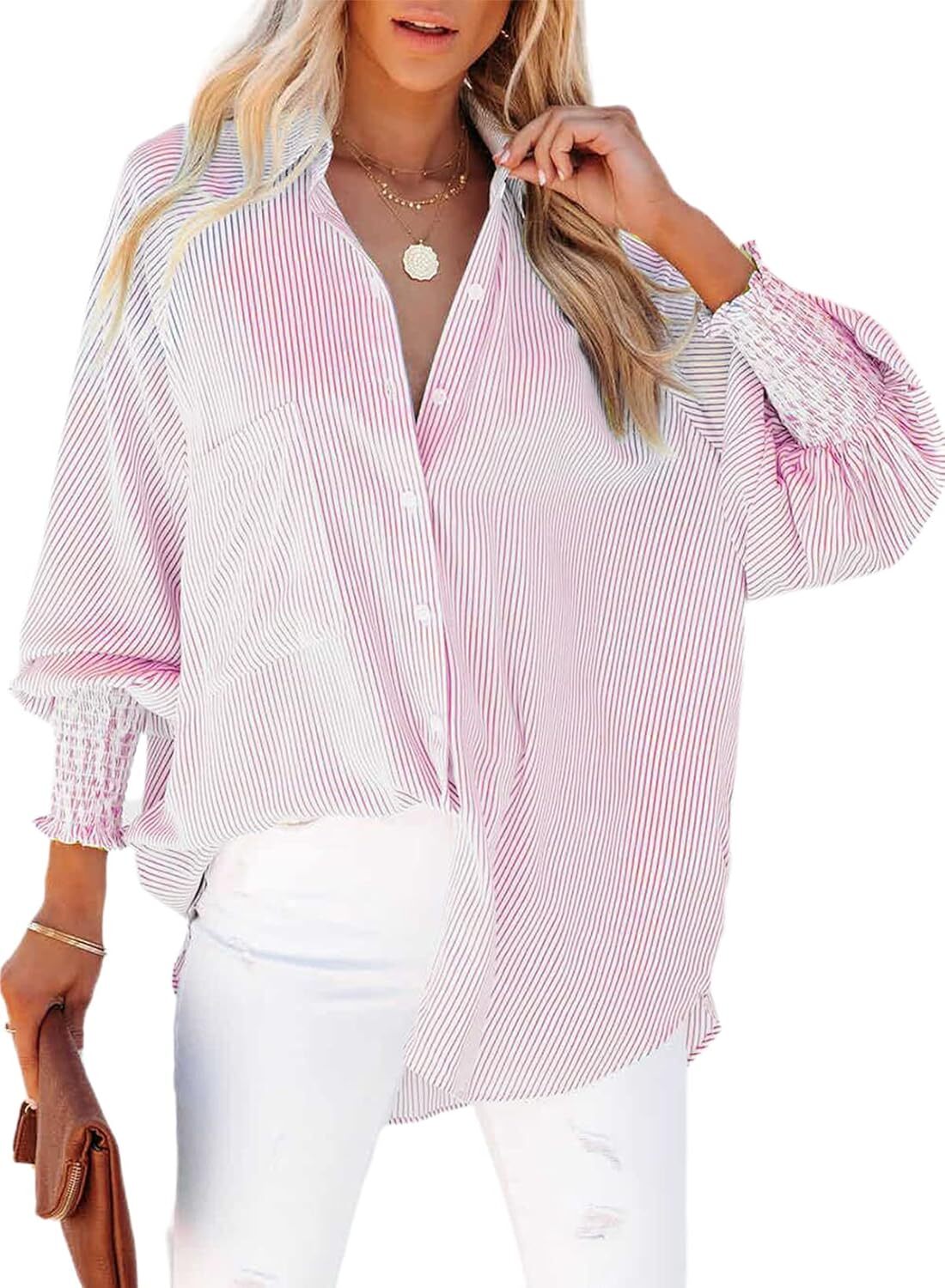 Women's Smocked Cuffed Striped Boyfriend Shirt with Pocket Casual Collar Long Sleeve Blouse Tops for Pocket Shirred.Clearance Items 2024