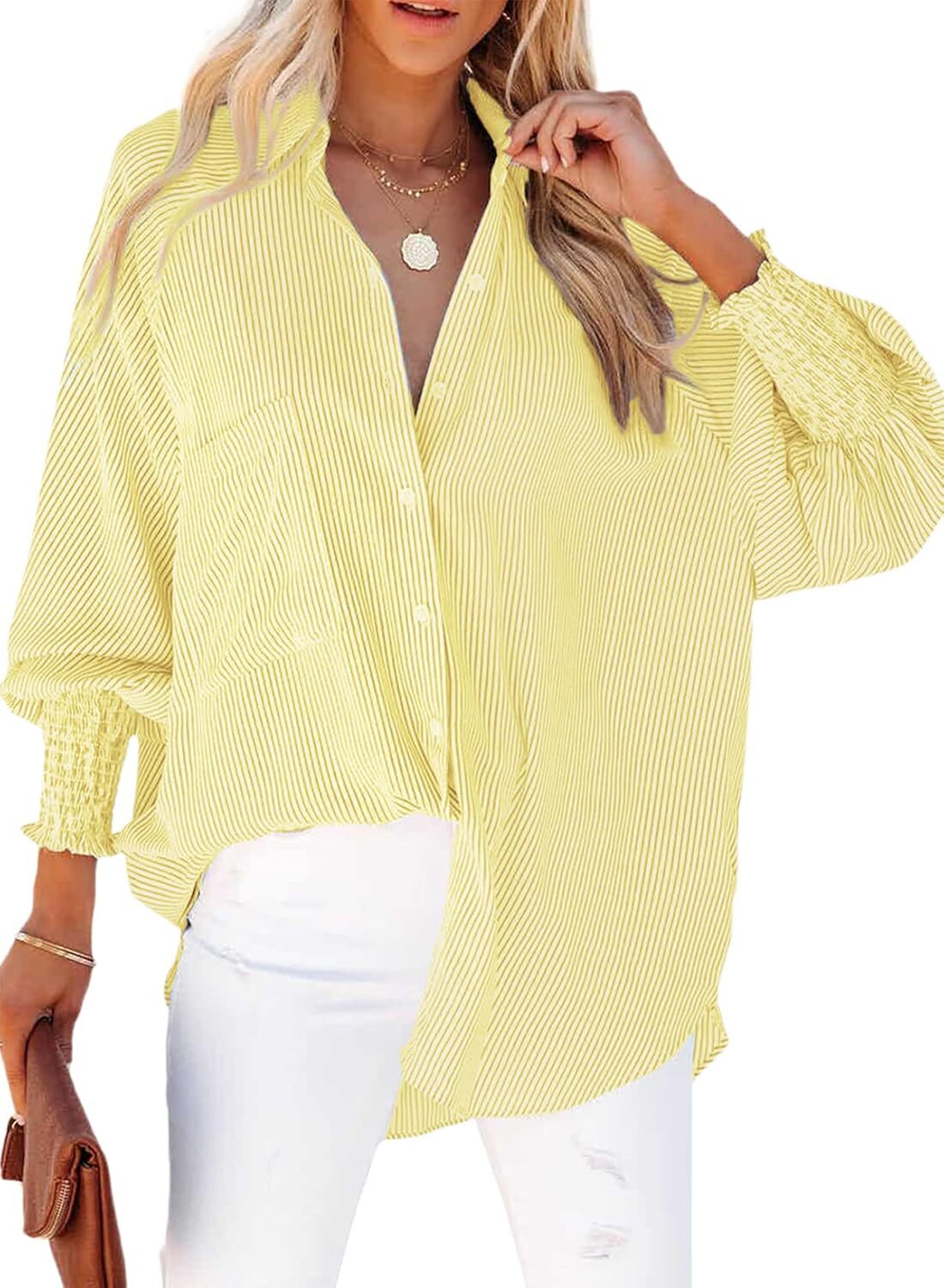 Women's Smocked Cuffed Striped Boyfriend Shirt with Pocket Casual Collar Long Sleeve Blouse Tops for Pocket Shirred.Clearance Items 2024