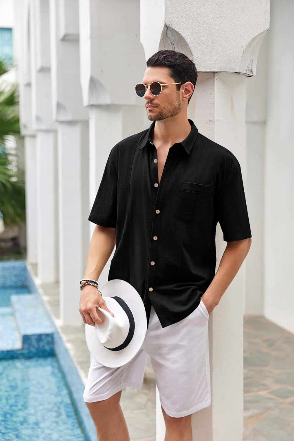 Mens Beach Linen Shirts Short Sleeve Cuban Button Down Casual Summer T Shirt Guayabera Hawaiian Tee Loose Fit Tops(💖Buy two, free shipping)