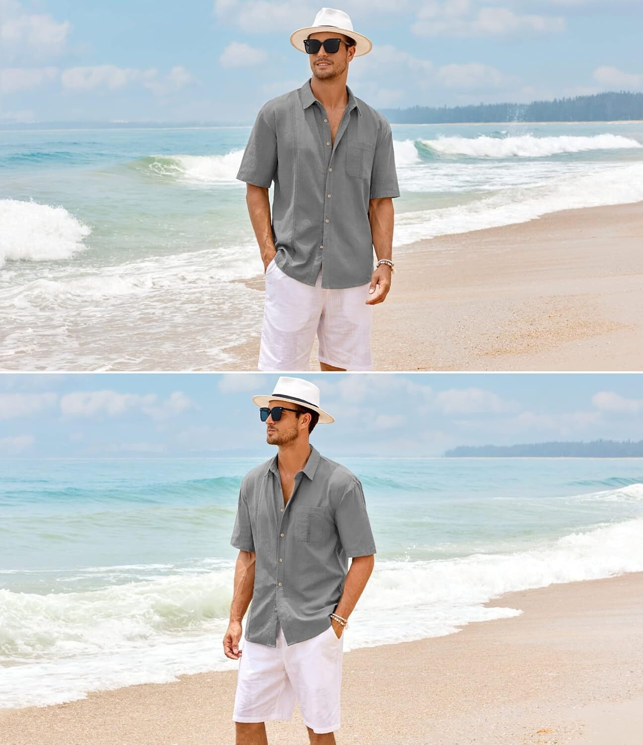 Mens Beach Linen Shirts Short Sleeve Cuban Button Down Casual Summer T Shirt Guayabera Hawaiian Tee Loose Fit Tops(💖Buy two, free shipping)