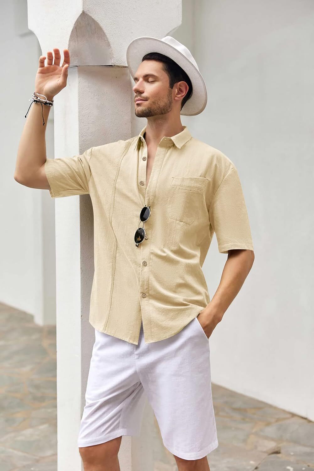 Mens Beach Linen Shirts Short Sleeve Cuban Button Down Casual Summer T Shirt Guayabera Hawaiian Tee Loose Fit Tops(💖Buy two, free shipping)