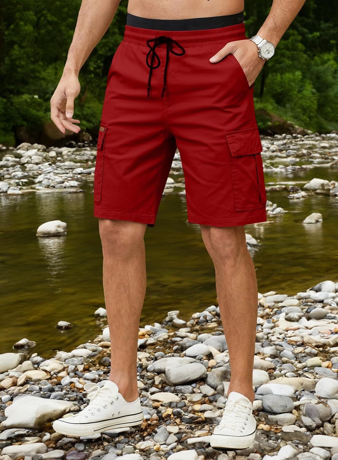 Men's Patched Drawstring Waist Cargo Shorts, Men's Bottoms for Daily Wear, Clearance Items 2024