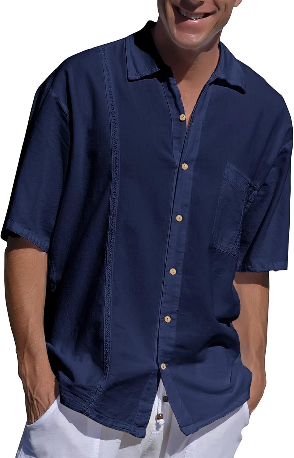 Mens Beach Linen Shirts Short Sleeve Cuban Button Down Casual Summer T Shirt Guayabera Hawaiian Tee Loose Fit Tops(💖Buy two, free shipping)