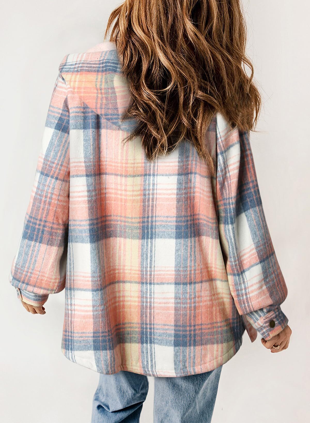 Women's Plaid Long Sleeve Button Fleece Hooded Jacket With Pockets