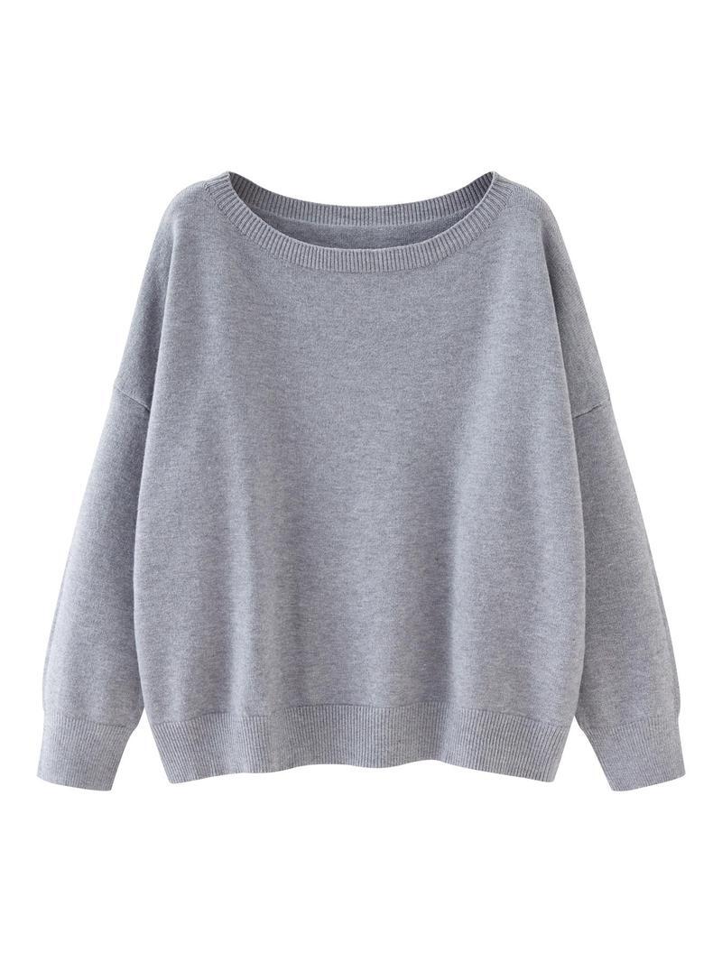 Women's Chic Plain Scoop Neck Knitted Long Sleeve Sweater, Lady Basic Comfort Drop Shoulder Crewneck Knitting Back To School Jumper, 2024 Knitwear Clothes, Womenswear