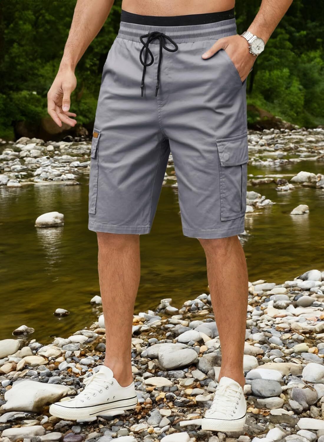 Men's Patched Drawstring Waist Cargo Shorts, Men's Bottoms for Daily Wear, Clearance Items 2024