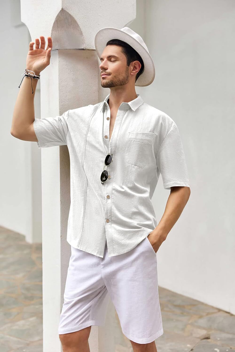 Mens Beach Linen Shirts Short Sleeve Cuban Button Down Casual Summer T Shirt Guayabera Hawaiian Tee Loose Fit Tops(💖Buy two, free shipping)