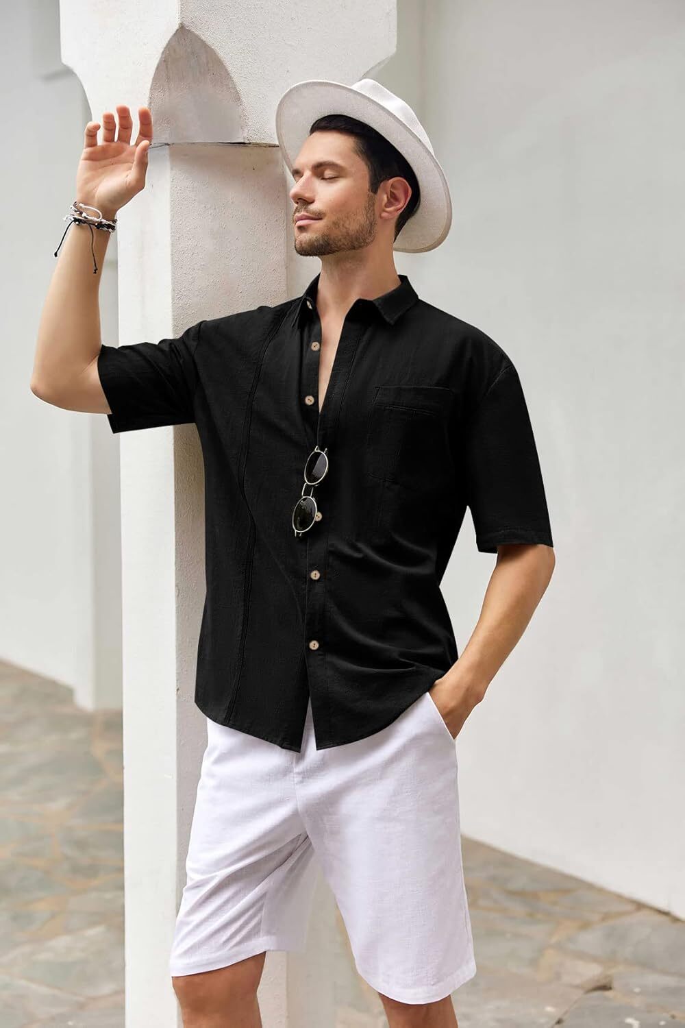 Mens Beach Linen Shirts Short Sleeve Cuban Button Down Casual Summer T Shirt Guayabera Hawaiian Tee Loose Fit Tops(💖Buy two, free shipping)