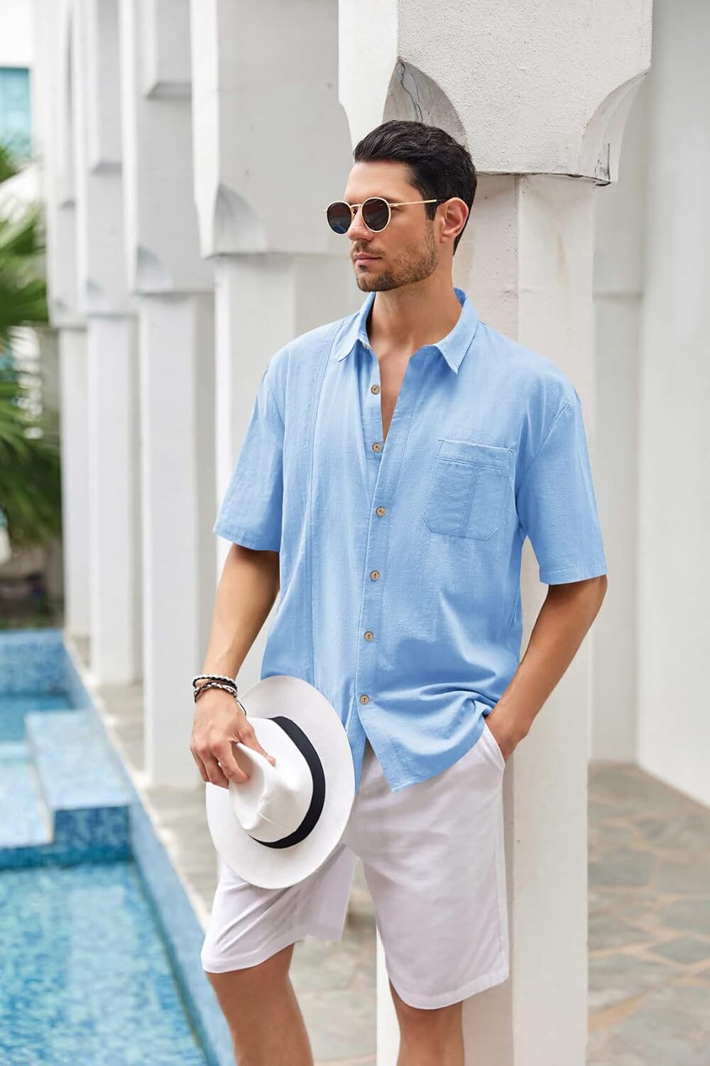 Mens Beach Linen Shirts Short Sleeve Cuban Button Down Casual Summer T Shirt Guayabera Hawaiian Tee Loose Fit Tops(💖Buy two, free shipping)