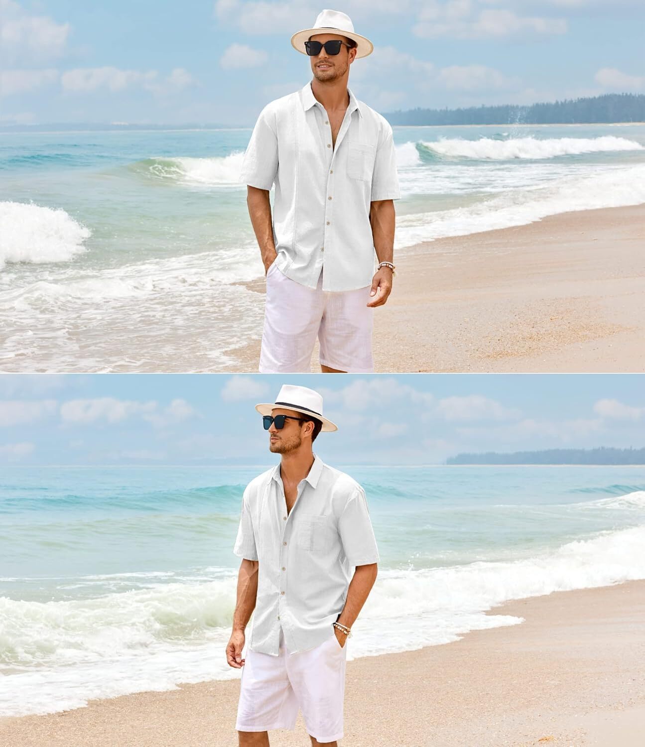 Mens Beach Linen Shirts Short Sleeve Cuban Button Down Casual Summer T Shirt Guayabera Hawaiian Tee Loose Fit Tops(💖Buy two, free shipping)
