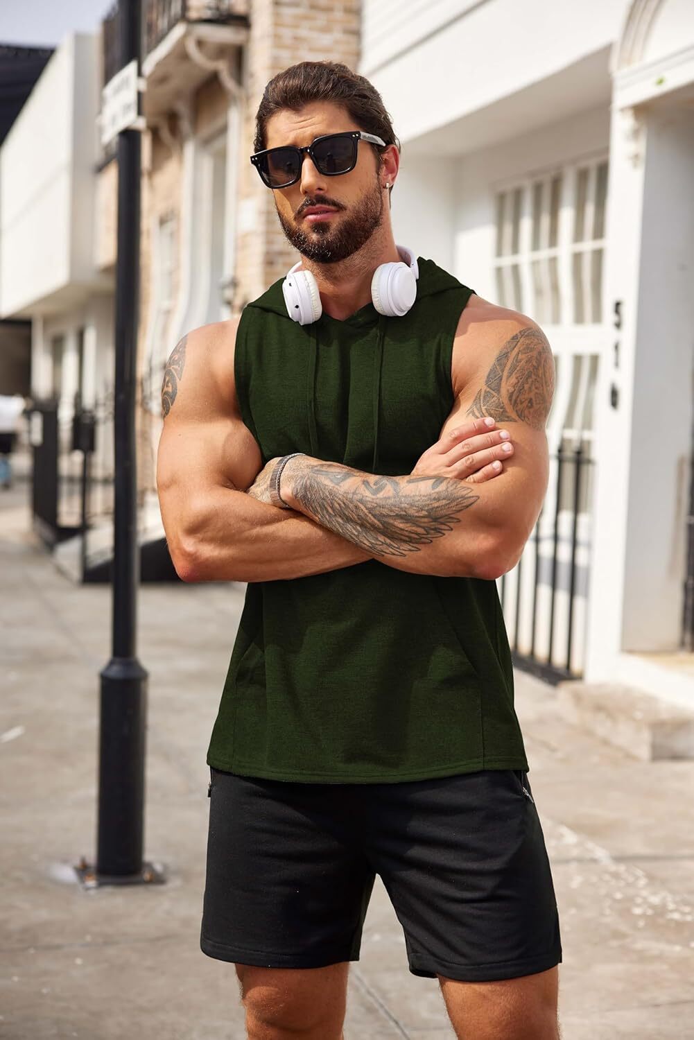 Men's Workout Hooded Tank Tops Bodybuilding Muscle Cut Off T Shirt Sleeveless Gym Hoodies