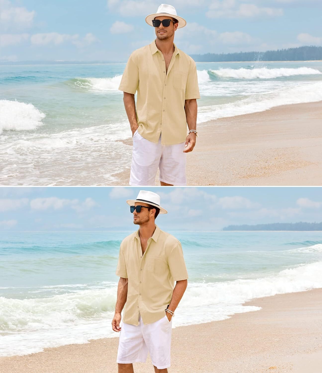 Mens Beach Linen Shirts Short Sleeve Cuban Button Down Casual Summer T Shirt Guayabera Hawaiian Tee Loose Fit Tops(💖Buy two, free shipping)