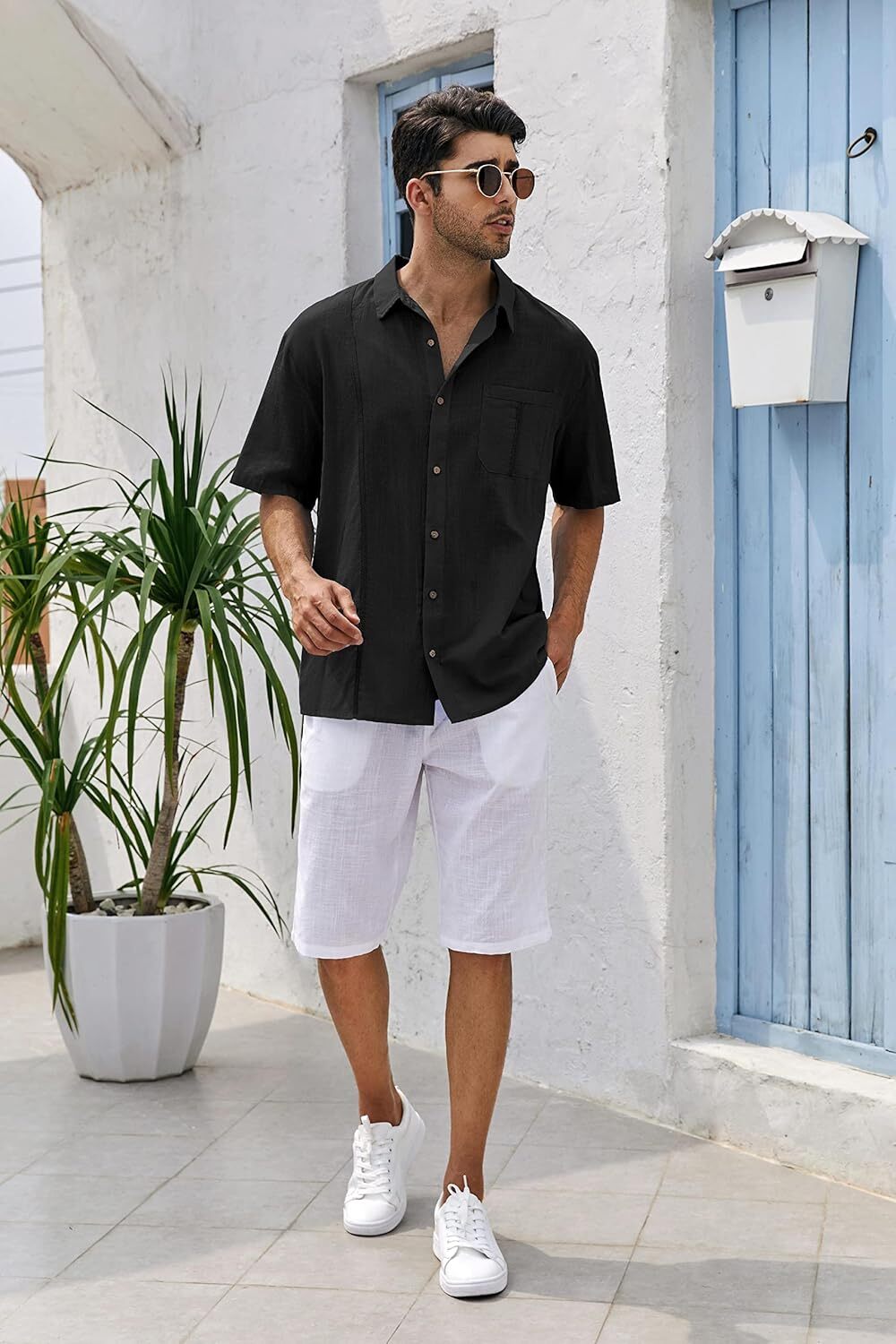 Mens Beach Linen Shirts Short Sleeve Cuban Button Down Casual Summer T Shirt Guayabera Hawaiian Tee Loose Fit Tops(💖Buy two, free shipping)
