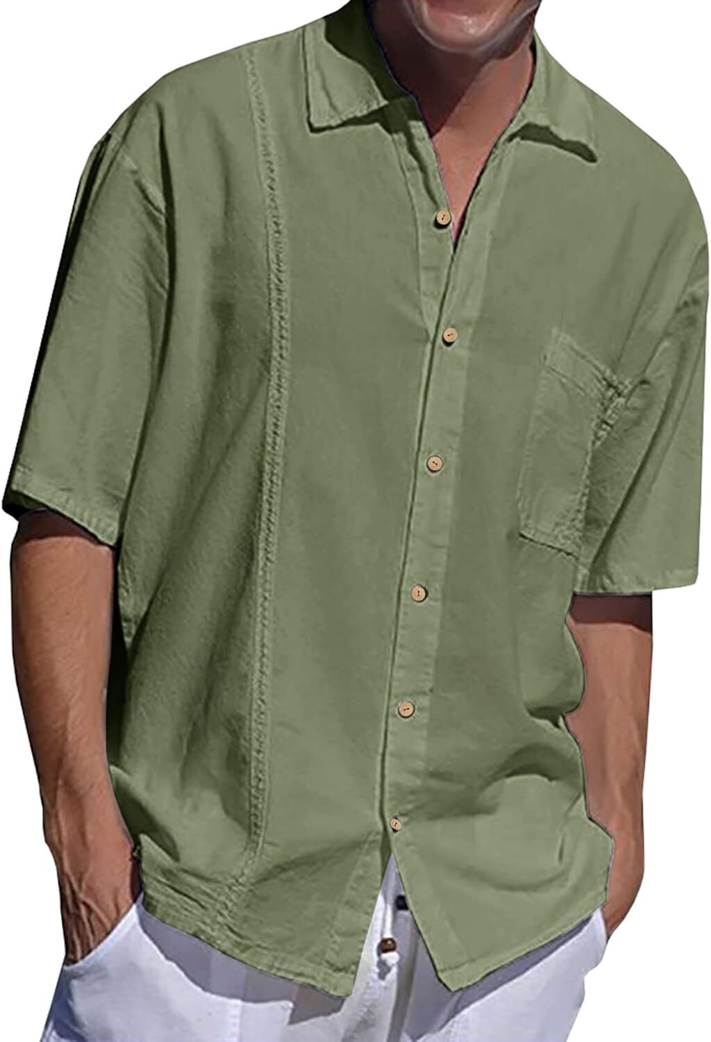 Mens Beach Linen Shirts Short Sleeve Cuban Button Down Casual Summer T Shirt Guayabera Hawaiian Tee Loose Fit Tops(💖Buy two, free shipping)