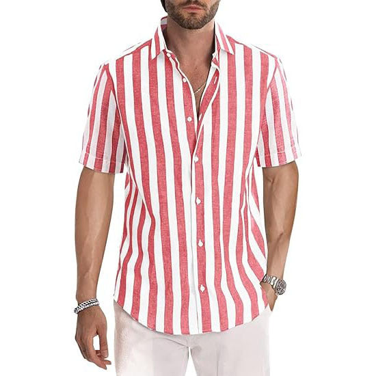 Casual Short Sleeve Button-Up Striped Cotton Shirts