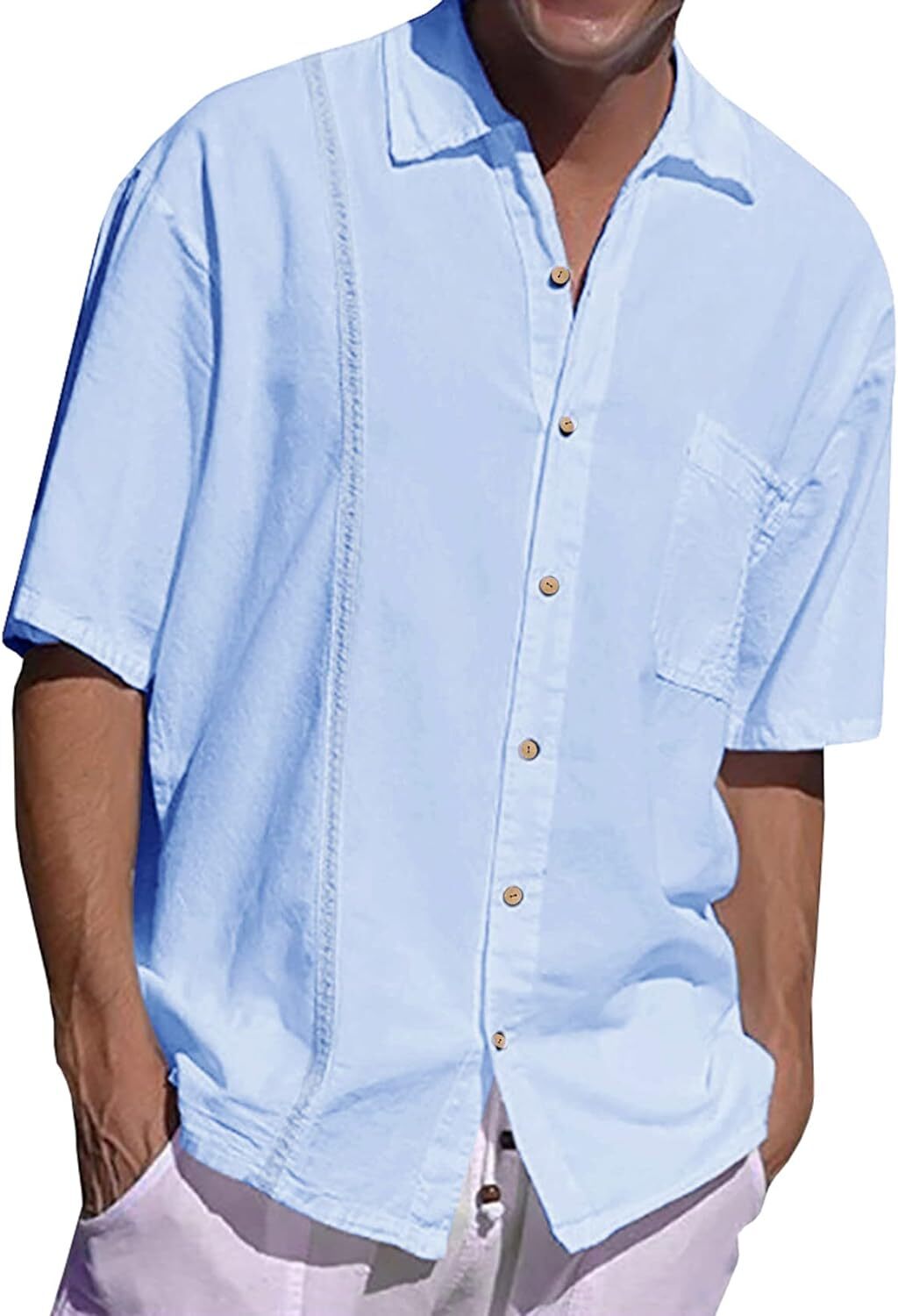 Mens Beach Linen Shirts Short Sleeve Cuban Button Down Casual Summer T Shirt Guayabera Hawaiian Tee Loose Fit Tops(💖Buy two, free shipping)