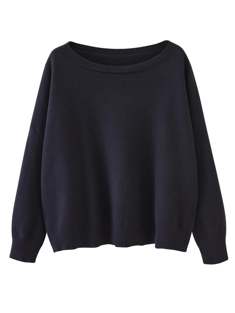 Women's Chic Plain Scoop Neck Knitted Long Sleeve Sweater, Lady Basic Comfort Drop Shoulder Crewneck Knitting Back To School Jumper, 2024 Knitwear Clothes, Womenswear