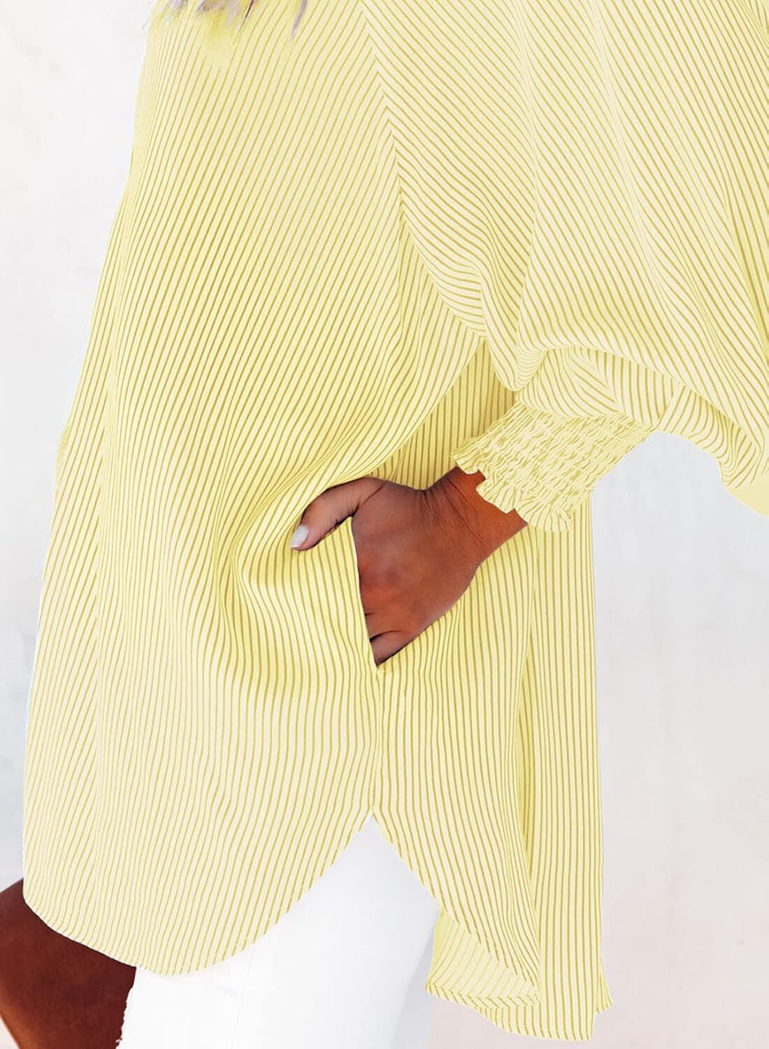 Women's Smocked Cuffed Striped Boyfriend Shirt with Pocket Casual Collar Long Sleeve Blouse Tops for Pocket Shirred.Clearance Items 2024