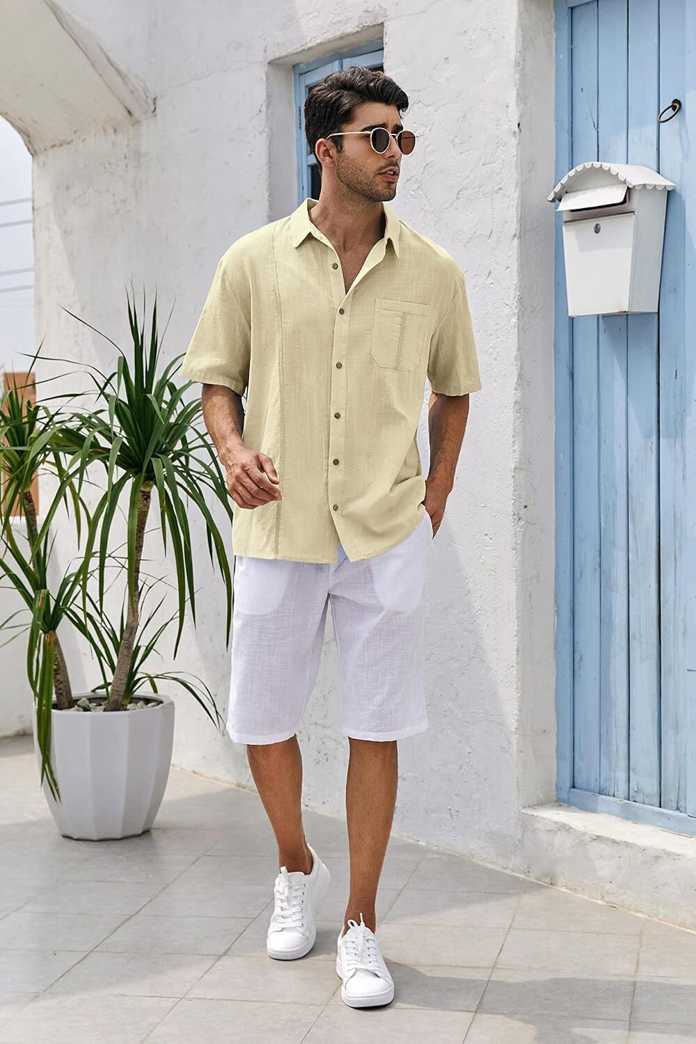 Mens Beach Linen Shirts Short Sleeve Cuban Button Down Casual Summer T Shirt Guayabera Hawaiian Tee Loose Fit Tops(💖Buy two, free shipping)