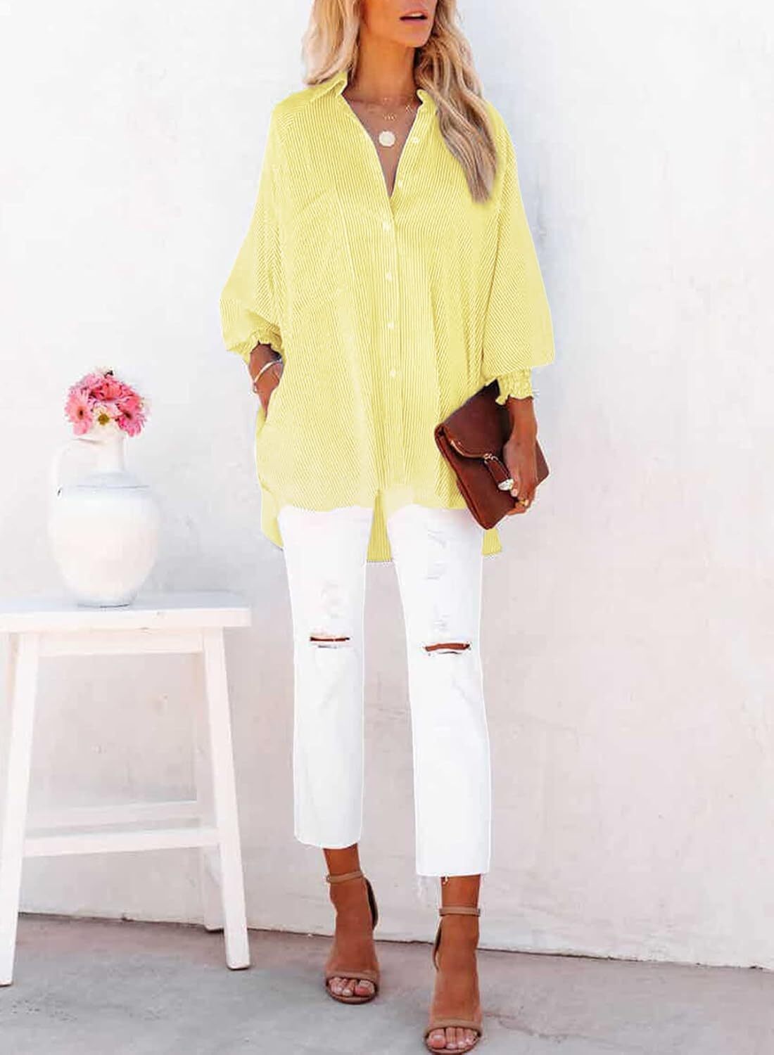 Women's Smocked Cuffed Striped Boyfriend Shirt with Pocket Casual Collar Long Sleeve Blouse Tops for Pocket Shirred.Clearance Items 2024