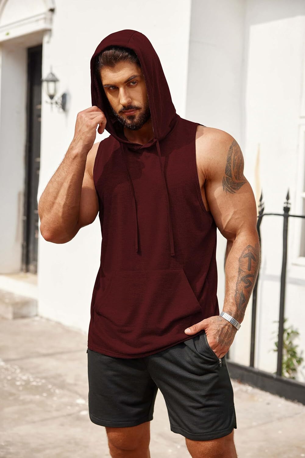 Men's Workout Hooded Tank Tops Bodybuilding Muscle Cut Off T Shirt Sleeveless Gym Hoodies