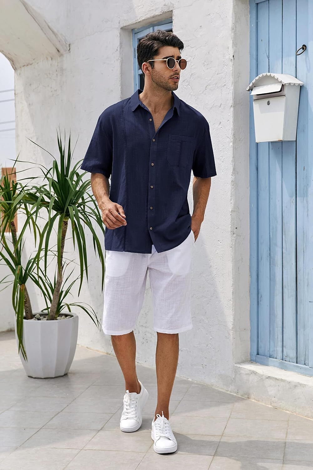Mens Beach Linen Shirts Short Sleeve Cuban Button Down Casual Summer T Shirt Guayabera Hawaiian Tee Loose Fit Tops(💖Buy two, free shipping)