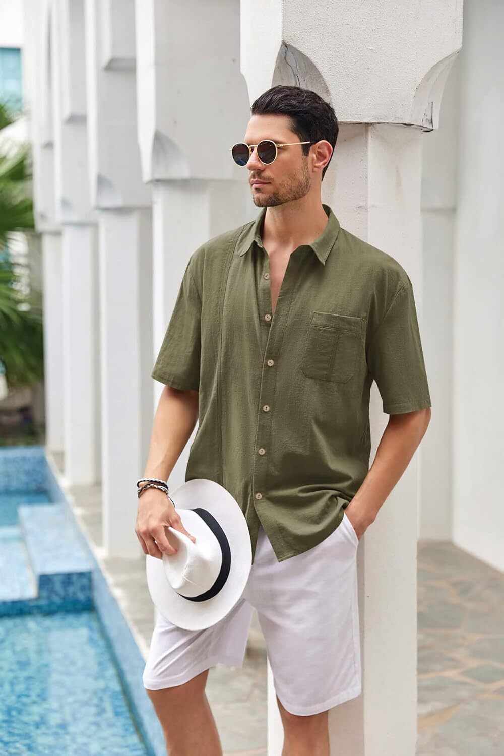 Mens Beach Linen Shirts Short Sleeve Cuban Button Down Casual Summer T Shirt Guayabera Hawaiian Tee Loose Fit Tops(💖Buy two, free shipping)