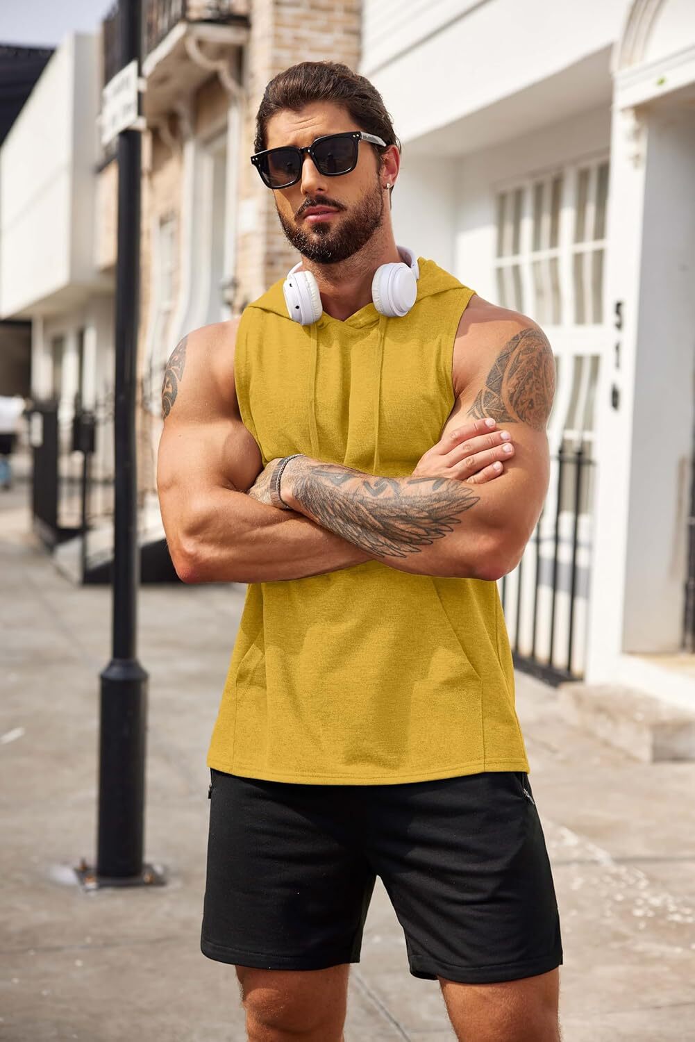 Men's Workout Hooded Tank Tops Bodybuilding Muscle Cut Off T Shirt Sleeveless Gym Hoodies