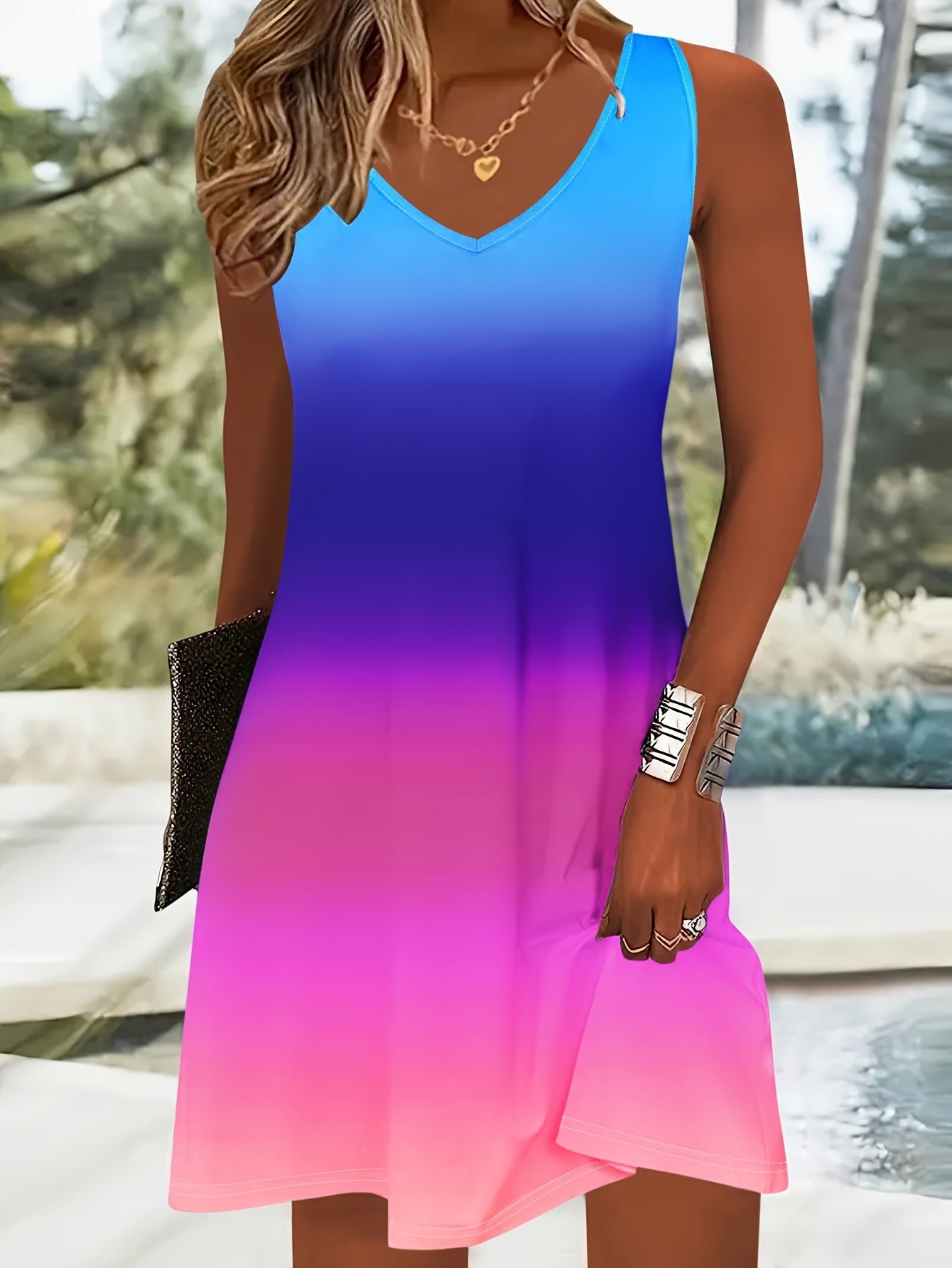Vibrant Ombre V-Neck Tank Dress - Soft Micro Elastic Polyester Casual Summer Dress for Women