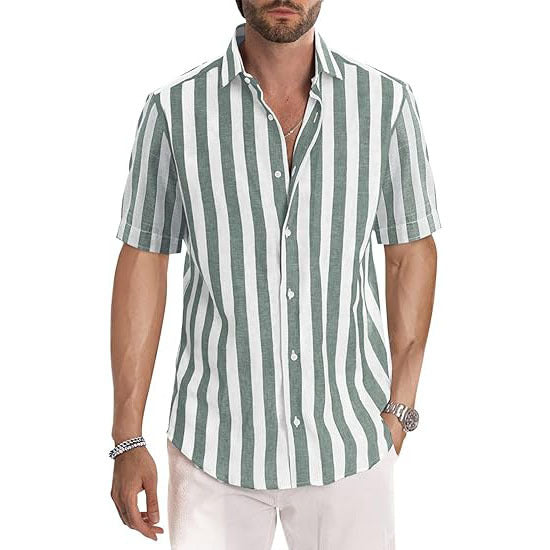Casual Short Sleeve Button-Up Striped Cotton Shirts