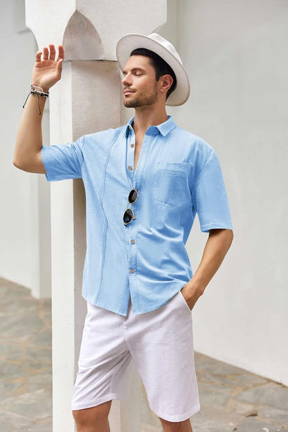 Mens Beach Linen Shirts Short Sleeve Cuban Button Down Casual Summer T Shirt Guayabera Hawaiian Tee Loose Fit Tops(💖Buy two, free shipping)