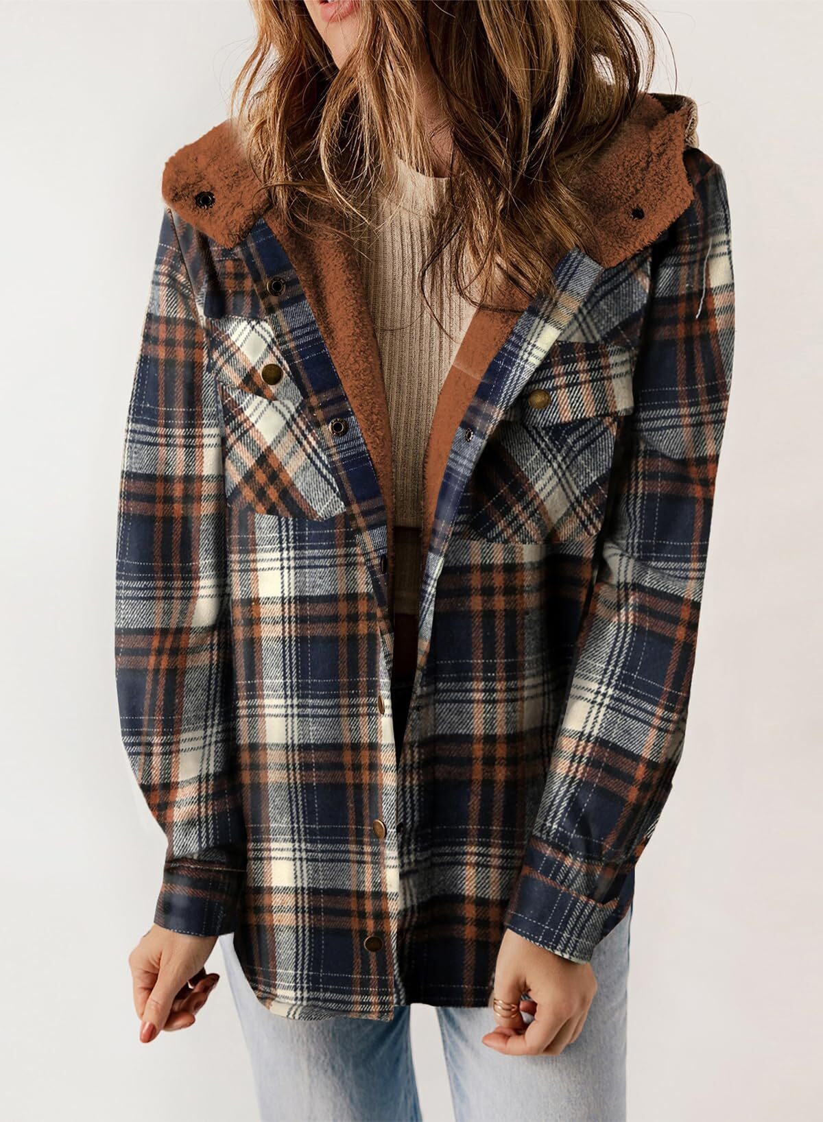 Women's Plaid Long Sleeve Button Fleece Hooded Jacket With Pockets