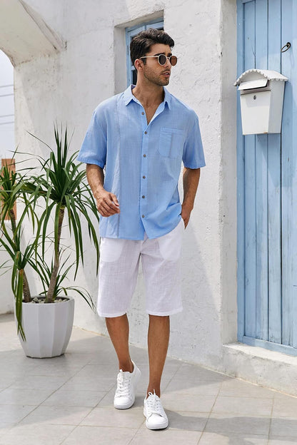 Mens Beach Linen Shirts Short Sleeve Cuban Button Down Casual Summer T Shirt Guayabera Hawaiian Tee Loose Fit Tops(💖Buy two, free shipping)