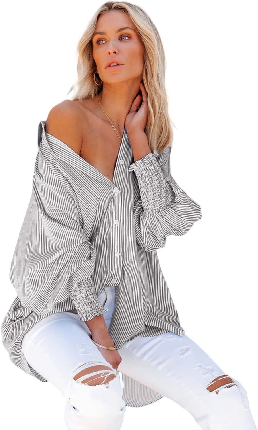 Women's Smocked Cuffed Striped Boyfriend Shirt with Pocket Casual Collar Long Sleeve Blouse Tops for Pocket Shirred.Clearance Items 2024
