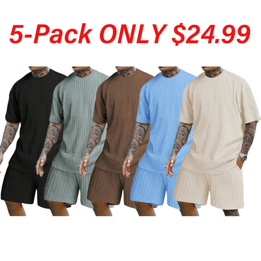 Men's Casual Textured Printed Short Sleeve Tee & Drawstring Waist Shorts Set