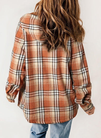 Women's Plaid Long Sleeve Button Fleece Hooded Jacket With Pockets