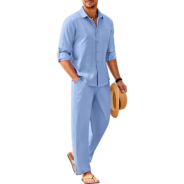 Men's 2 Piece Linen Sets Casual Long Sleeve Button Down Cuban Shirt and Loose Pants Set Beach Vacation Outfits