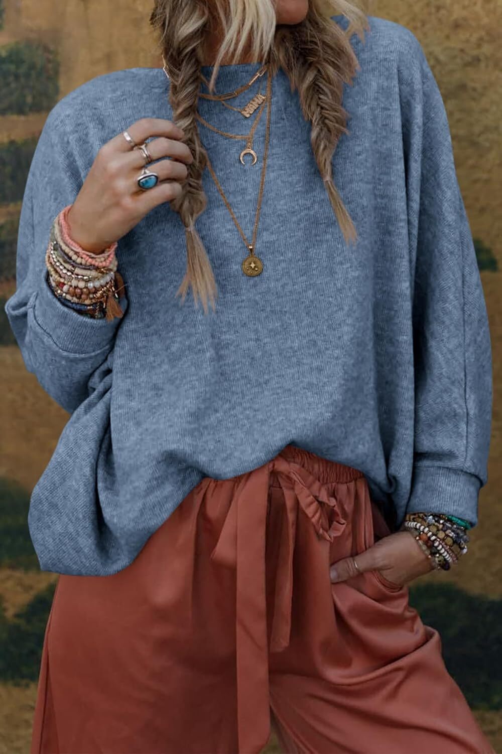 Women's Fall Sweaters 2024 Casual Oversize Pullover Batwing Long Sleeve Drop Shoulder Sweater Loose Knit Jumper Tops
