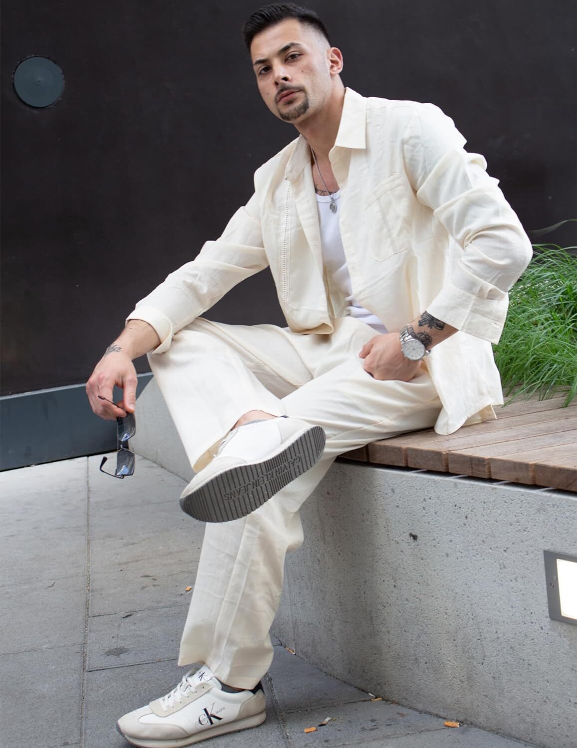 Men's 2 Piece Linen Sets Casual Long Sleeve Button Down Cuban Shirt and Loose Pants Set Beach Vacation Outfits