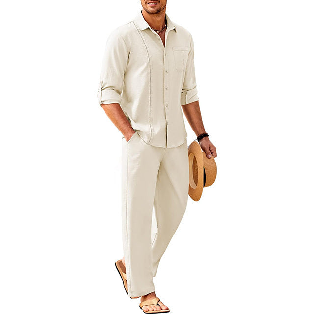 Men's 2 Piece Linen Sets Casual Long Sleeve Button Down Cuban Shirt and Loose Pants Set Beach Vacation Outfits
