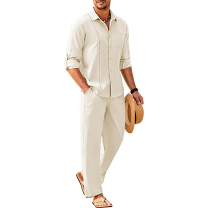 Men's 2 Piece Linen Sets Casual Long Sleeve Button Down Cuban Shirt and Loose Pants Set Beach Vacation Outfits