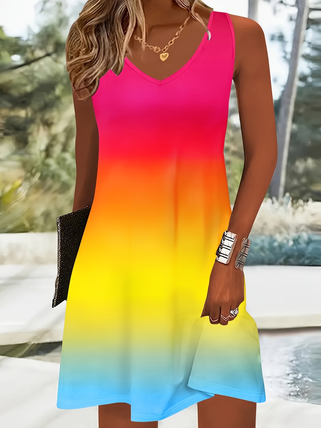 Vibrant Ombre V-Neck Tank Dress - Soft Micro Elastic Polyester Casual Summer Dress for Women