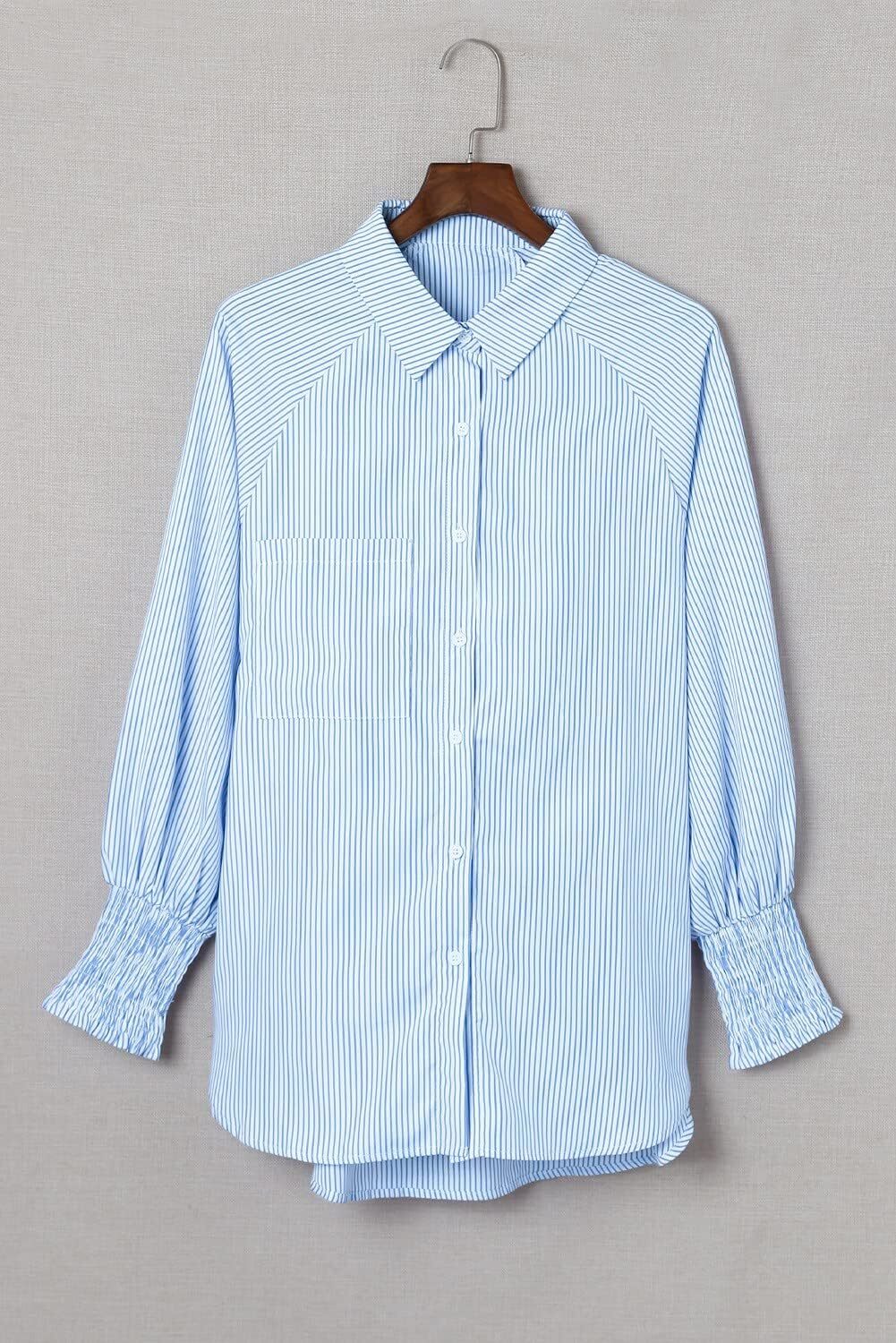 Women's Smocked Cuffed Striped Boyfriend Shirt with Pocket Casual Collar Long Sleeve Blouse Tops for Pocket Shirred.Clearance Items 2024