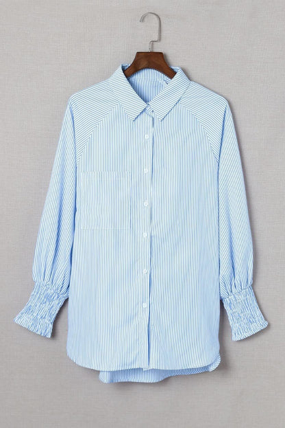 Women's Smocked Cuffed Striped Boyfriend Shirt with Pocket Casual Collar Long Sleeve Blouse Tops for Pocket Shirred.Clearance Items 2024