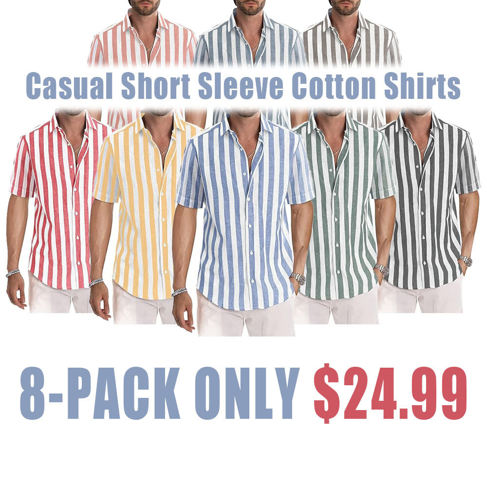 Casual Short Sleeve Button-Up Striped Cotton Shirts