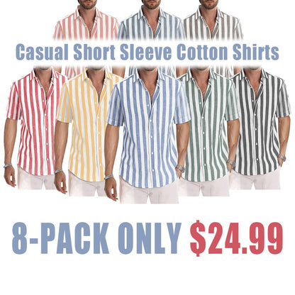 Casual Short Sleeve Button-Up Striped Cotton Shirts